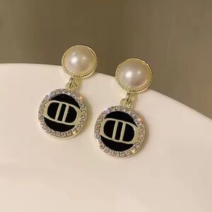 Dior Gold-Tone Pearl Stud Earrings with Black Enamel Medallions